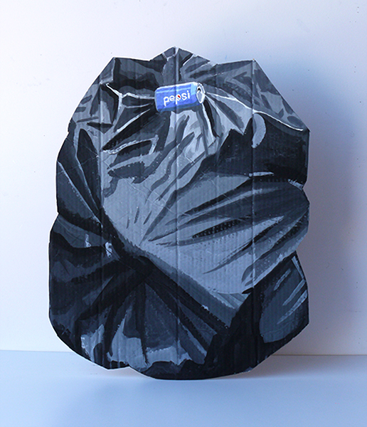 Trash bag, gouache on recycled cardboard, 24x33 in, 2018
