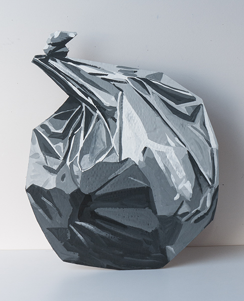 Trash bag, gouache on recycled cardboard, 25x32 in, 2018